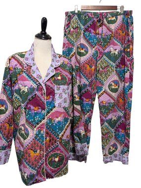 Print Fresh Womens Size XL Mulberry High Horse Print Cotton Pajama Top Pants Set